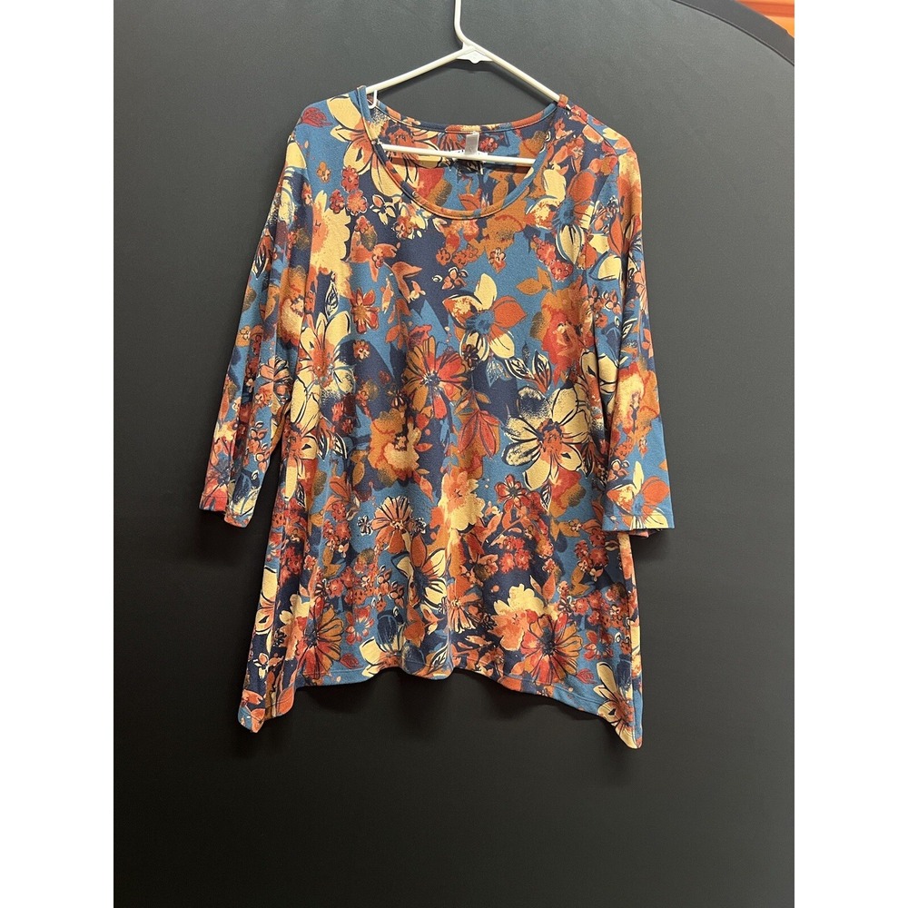 D&co womens Top 3/4 Sleeve Floral Printed Casual Sz L stretch multi tunic NWOT